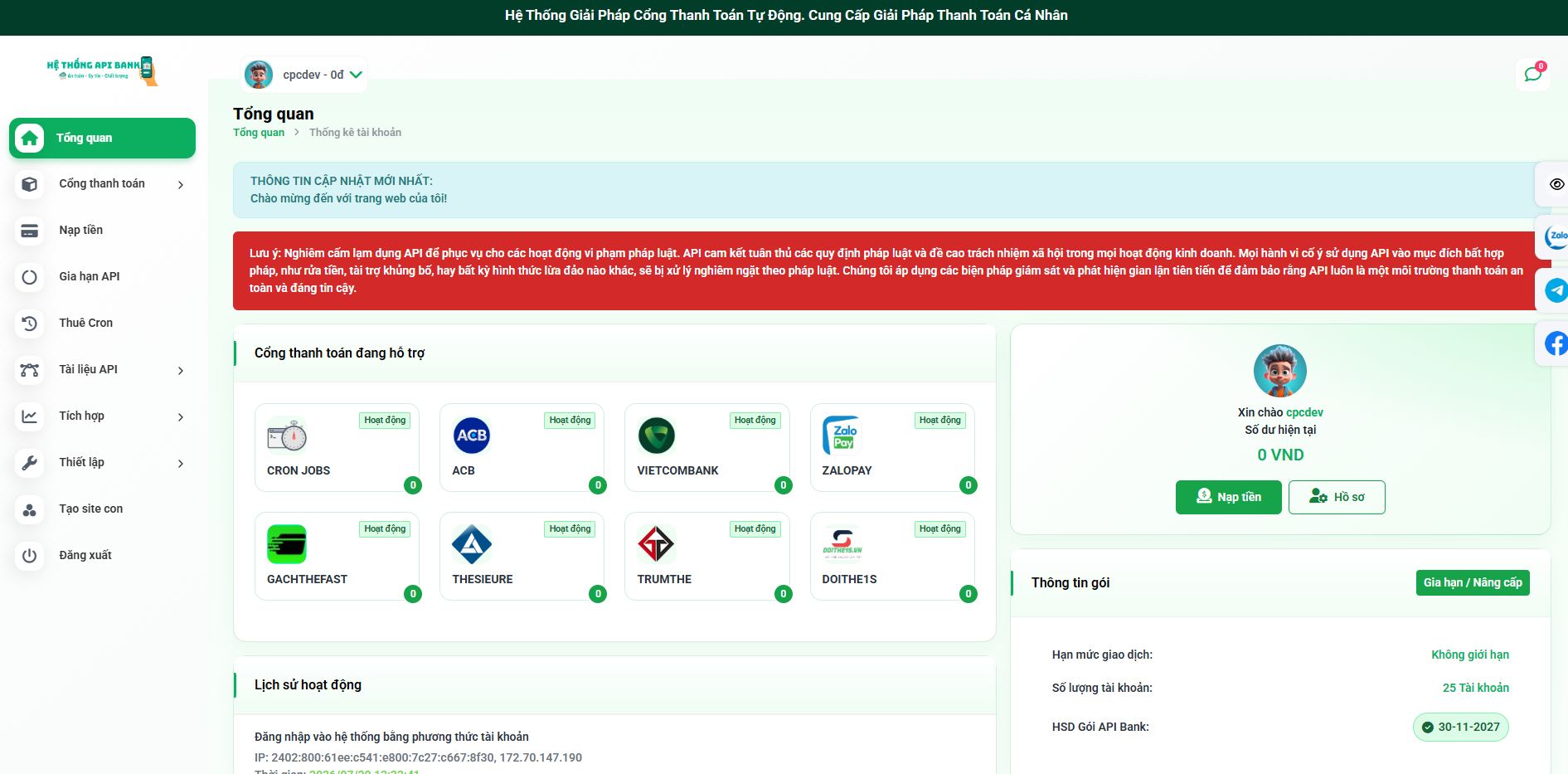 Code Cho Thuê API Ngân Hàng Theme Đẹp Giống API.CPCDEV.ME